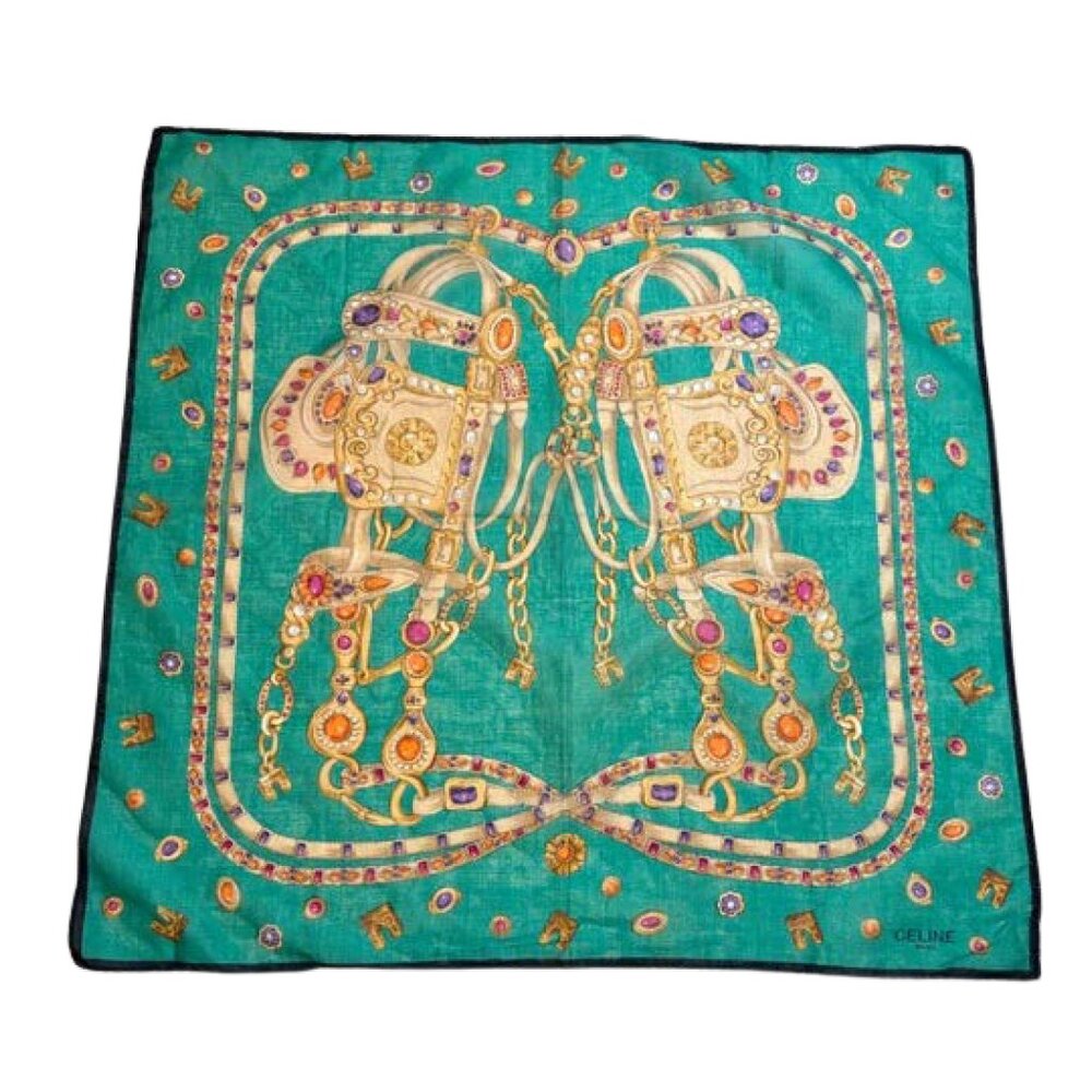 Celine Turquoise Green and Gold Jewel-Print Silk Scarf